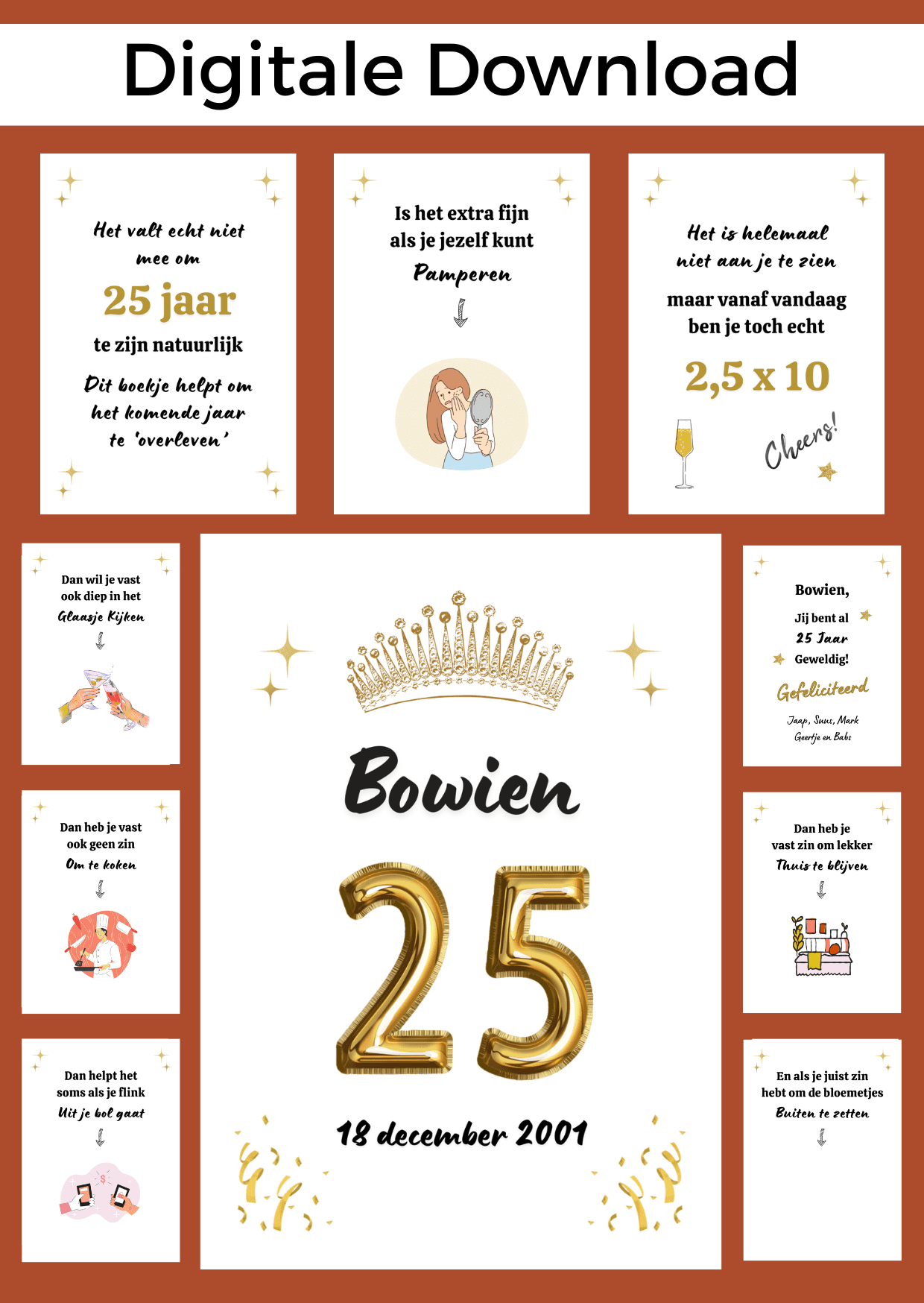 Bonboekje een vrouw die 25 jaar wordt. Een printbaar bestand, wat je zelf kunt uitprinten en in een insteek fotomapje doet samen met cadeaubonnen. Het bestand is bewerkbaar in Canva om te personaliseren.