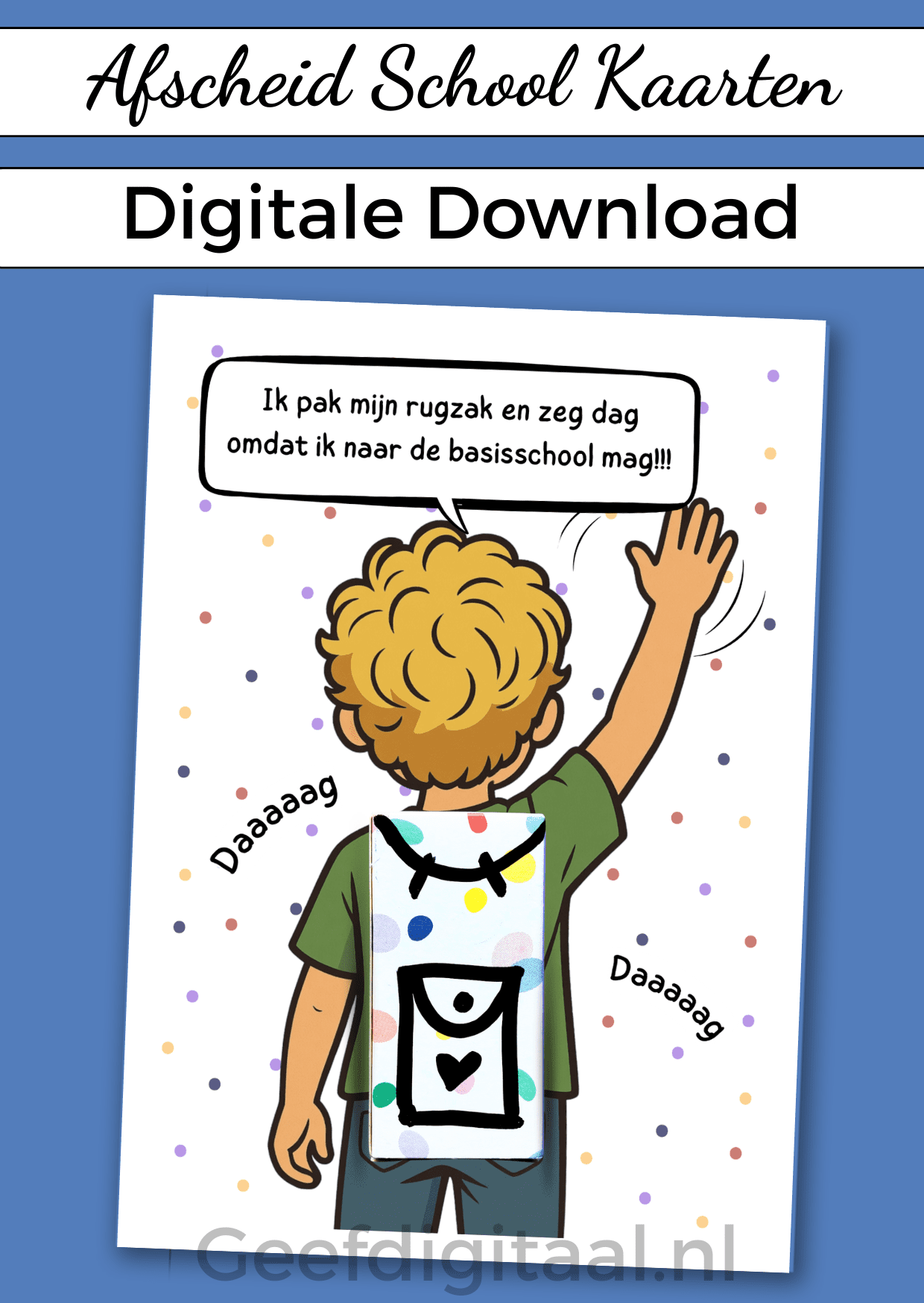 Deze bundel afscheid school kaarten is een digitale download om zelf uit te printen of te laten drukken en samen met een snoepje naar keuze te trakteren. De bundel bestaat uit 12 variaties (zie foto's). Zoek samen met je kind uit welke cartoon het meeste op hem lijkt...