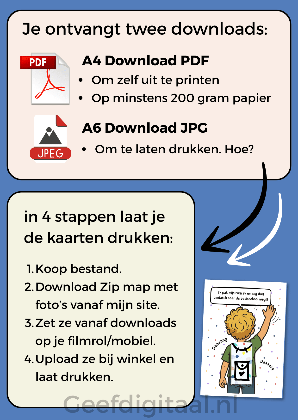 Deze bundel afscheid school kaarten is een digitale download om zelf uit te printen of te laten drukken en samen met een snoepje naar keuze te trakteren. De bundel bestaat uit 12 variaties (zie foto's). Zoek samen met je kind uit welke cartoon het meeste op hem lijkt...
