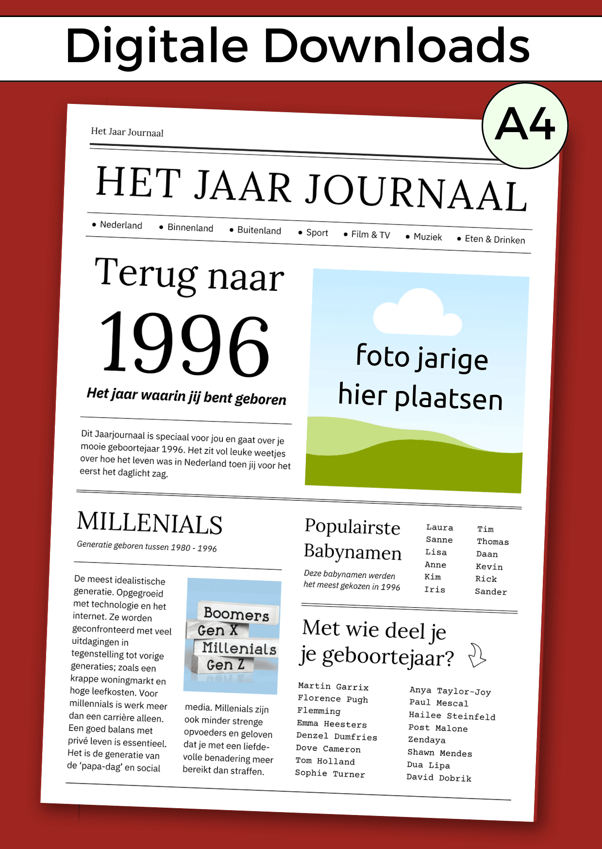 1996 Jaarjournaal voor verjaardag vrouw is een digitale download. De inhoud is 12 pagina’s in A4 formaat. Om zelf uit te printen en eventueel samen met cadeaubonnen te geven in een A4 showmap. Maar je kunt het natuurlijk ook op A3 formaat laten printen voor een echte krant look. Een super origineel cadeau vol nostalgie voor de jarige!