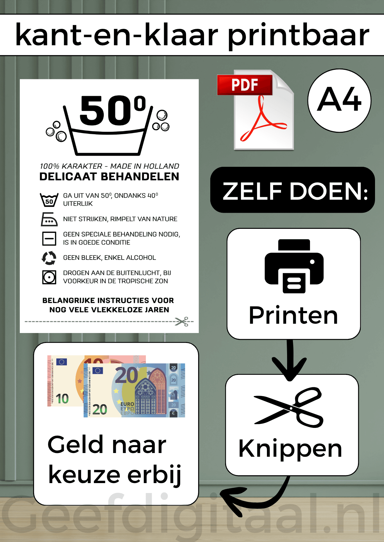 Digitale download voor een A4 poster om op een grappige en originele manier geld te geven aan iemand die 50 jaar wordt.