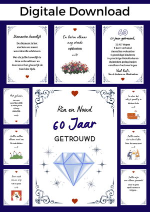 60 jaar getrouwd bonboekje. Een printbaar bestand, wat je zelf kunt uitprinten en in een insteek fotomapje doet samen met cadeaubonnen. Het bestand is bewerkbaar in Canva om te personaliseren.