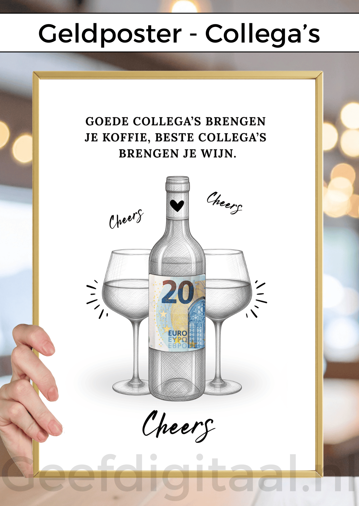 Digitale download voor een A4 poster om een collega op een grappige en originele manier geld te geven. Print het zelf uit op standaard A4 papier, knip er een stukje uit, voeg briefgeld naar keuze toe en doe het in een A4 lijst. Super makkelijk!