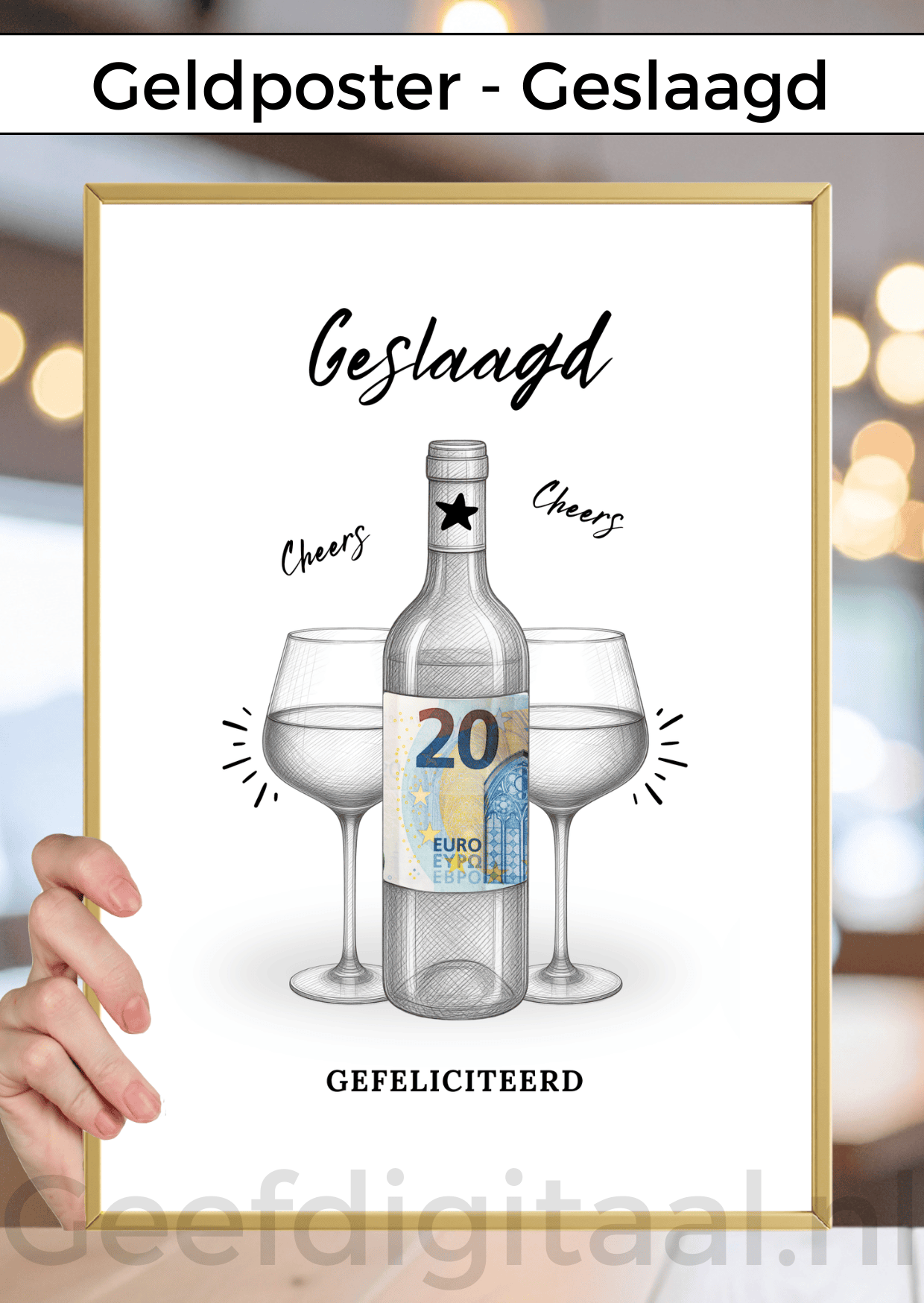 Digitale download voor een A4 poster om iemand die geslaagd is op een grappige en originele manier geld te geven. Print het zelf uit op standaard A4 papier, knip er een stukje uit, voeg briefgeld naar keuze toe en doe het in een A4 lijst. Super makkelijk!
