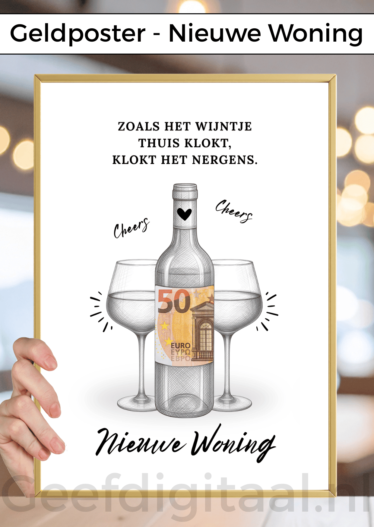 Digitale download voor een A4 poster om iemand die verhuisd is op een grappige en originele manier geld te geven. Print het zelf uit op standaard A4 papier, knip er een stukje uit, voeg briefgeld naar keuze toe en doe het in een A4 lijst. Super makkelijk!