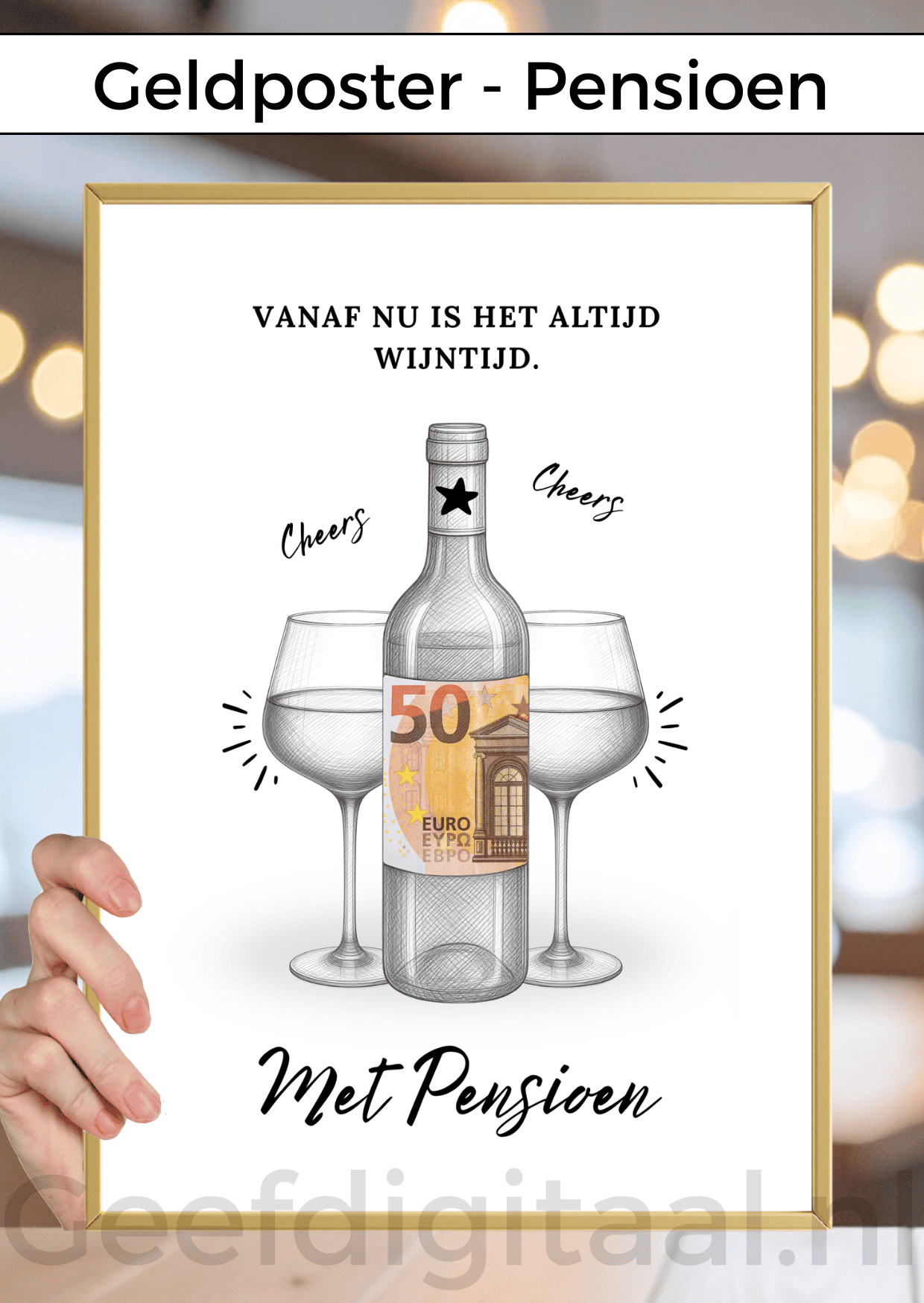Digitale download voor een A4 poster om een pensionado op een grappige en originele manier geld te geven. Print het zelf uit op standaard A4 papier, knip er een stukje uit, voeg briefgeld naar keuze toe en doe het in een A4 lijst. Super makkelijk!