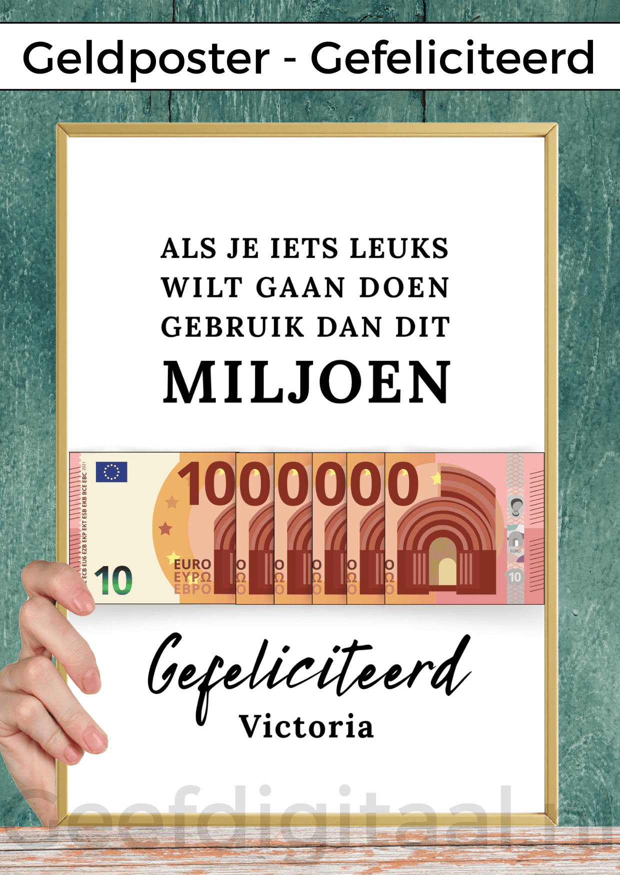 Digitale download voor een A4 poster om iemand op een grappige en originele manier geld te geven. Print het zelf uit op standaard A4 papier, knip er een stukje uit, voeg briefgeld naar keuze toe en doe het in een A4 lijst. Super makkelijk!