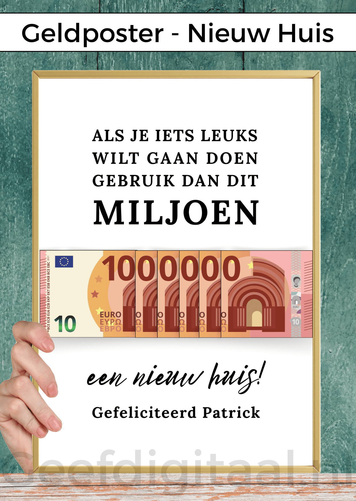 Digitale download voor een A4 poster om iemand die verhuisd is op een grappige en originele manier geld te geven. Print het zelf uit op standaard A4 papier, knip er een stukje uit, voeg briefgeld naar keuze toe en doe het in een A4 lijst. Super makkelijk!