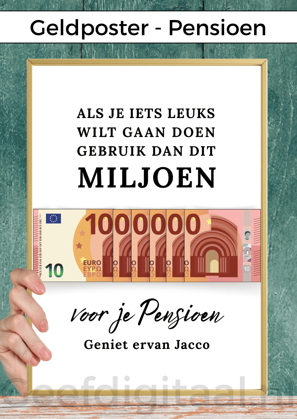 Digitale download voor een A4 poster om iemand die met pensioen gaat op een grappige en originele manier geld te geven. Print het zelf uit op standaard A4 papier, knip er een stukje uit, voeg briefgeld naar keuze toe en doe het in een A4 lijst. Super makkelijk!