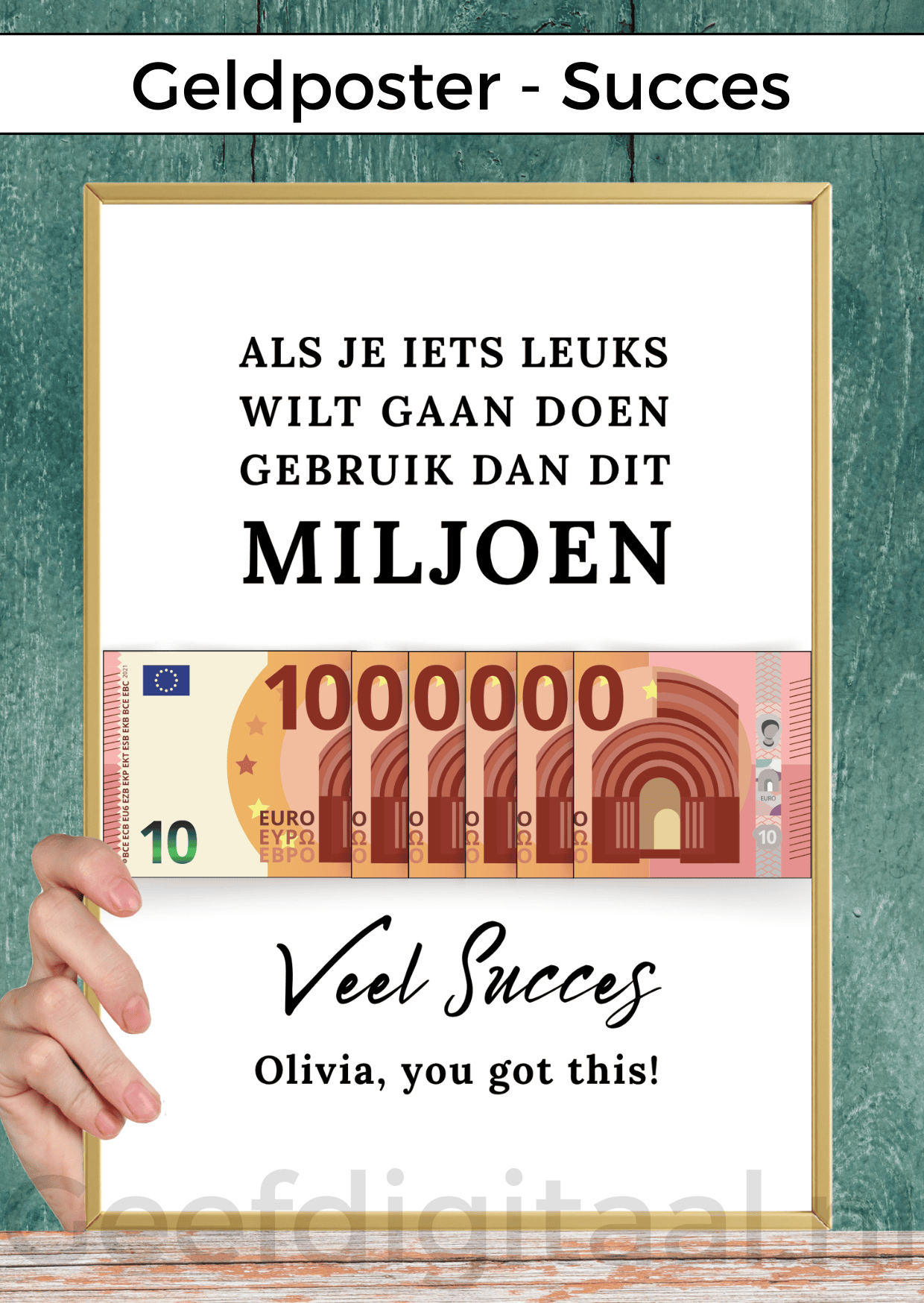 Digitale download voor een A4 poster om iemand op een grappige en originele manier geld te geven en succes te wensen. Print het zelf uit op standaard A4 papier, knip er een stukje uit, voeg briefgeld naar keuze toe en doe het in een A4 lijst. Super makkelijk!