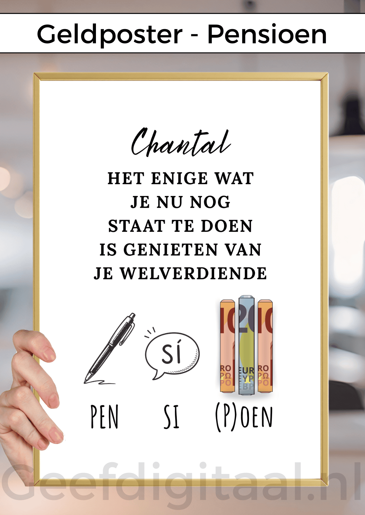 Digitale download voor een A4 poster om een pensionado op een grappige en originele manier geld te geven. Print het zelf uit op standaard A4 papier, knip er een stukje uit, voeg briefgeld naar keuze toe en doe het in een A4 lijst. Super makkelijk!