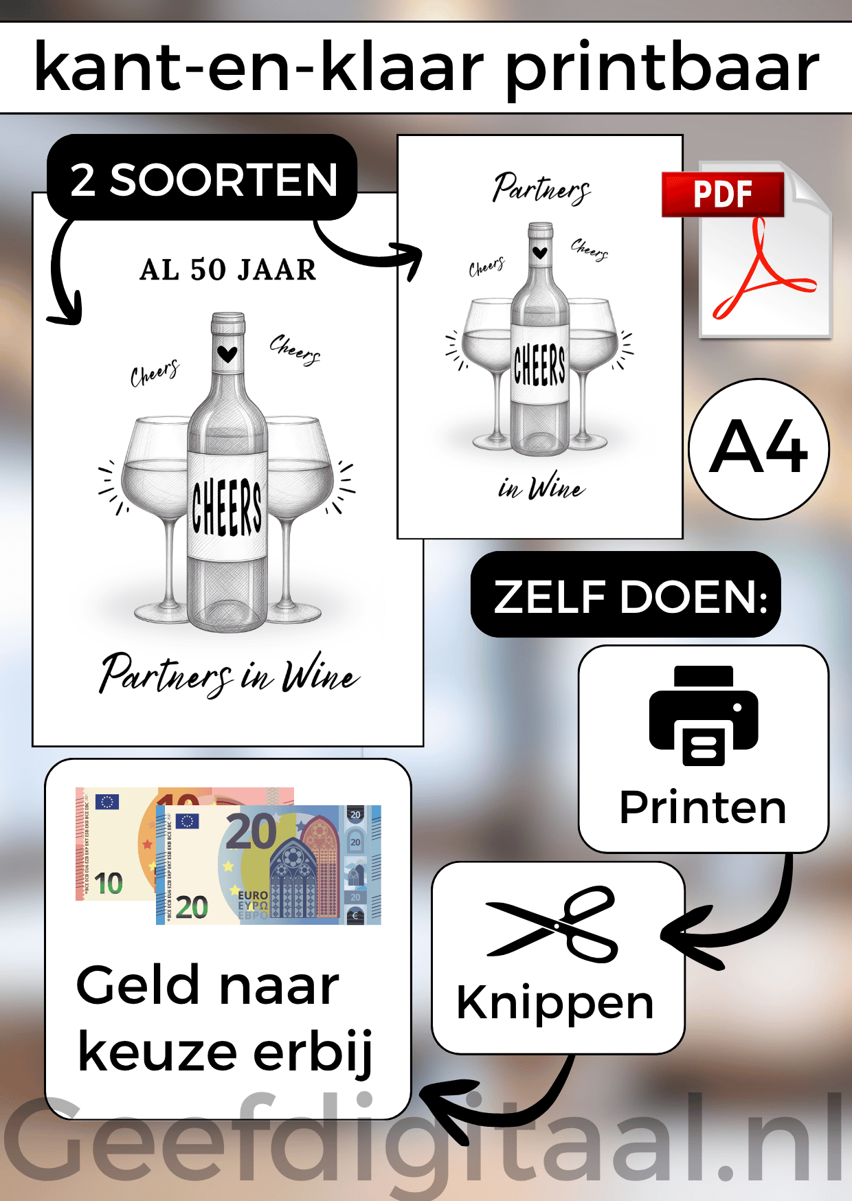 Digitale download voor een A4 poster om een stel op een grappige en originele manier geld te geven. Print het zelf uit op standaard A4 papier, knip er een stukje uit, voeg briefgeld naar keuze toe en doe het in een A4 lijst. Super makkelijk!