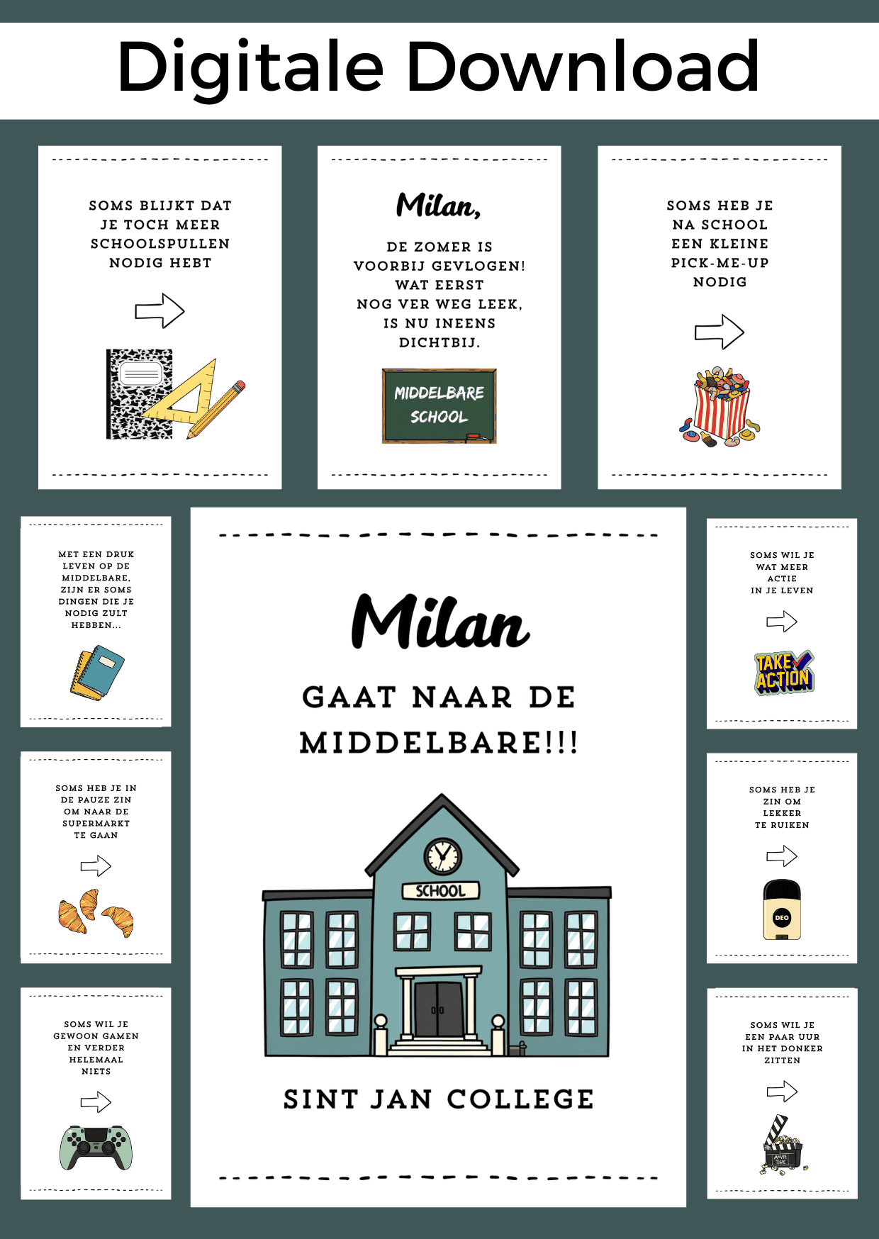 Middelbare School Jongen bonboekje. Een printbaar bestand, wat je zelf kunt uitprinten en in een insteek fotomapje doet samen met cadeaubonnen. Het bestand is bewerkbaar in Canva om te personaliseren.