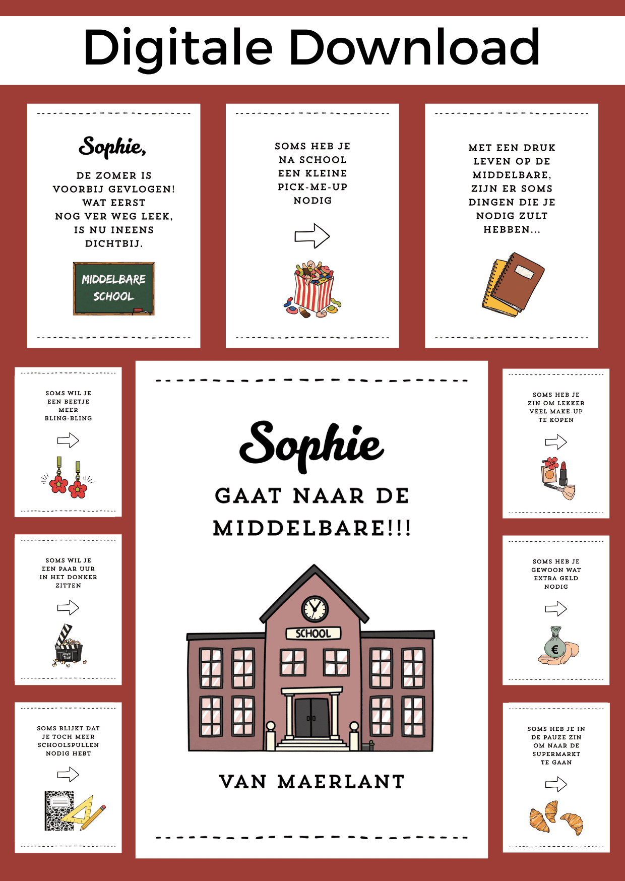 Middelbare School Meisje bonboekje. Een printbaar bestand, wat je zelf kunt uitprinten en in een insteek fotomapje doet samen met cadeaubonnen. Het bestand is bewerkbaar in Canva om te personaliseren.