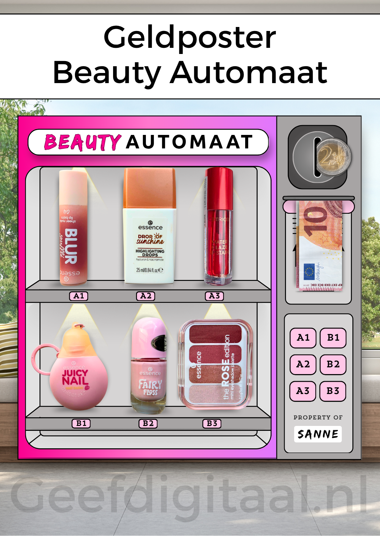 Geldposter Beauty Automaat is een Digitale download voor een A4 poster om op een grappige en originele manier beauty producten en / of geld te geven aan een kind of puber. Print het zelf uit op standaard A4 papier en knip uit. Super makkelijk!
