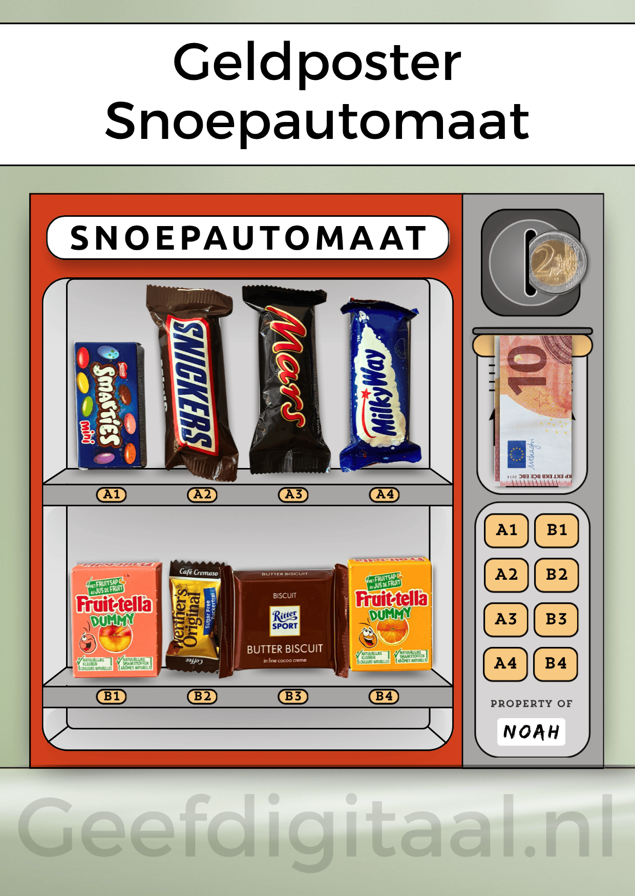Geldposter Snoepautomaat is een Digitale download voor een A4 poster om op een grappige en originele manier geld te geven aan een kind of puber. Print het zelf uit op standaard A4 papier, knip uit en voeg briefgeld naar keuze toe. Super makkelijk!