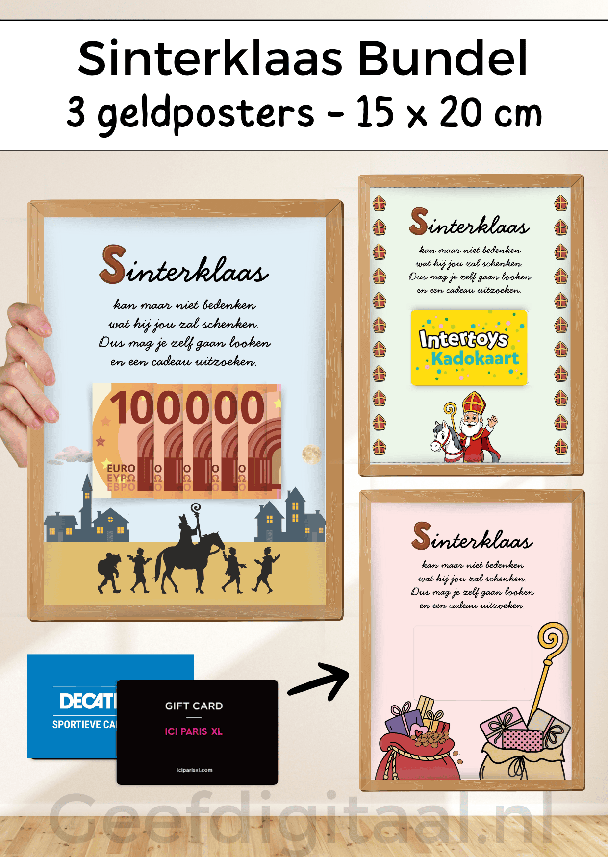 Digitale download voor in een 15x20 lijst om iemand op een grappige en originele manier geld of een cadeaubon te geven voor Sinterklaas. Print het zelf uit op standaard A4 papier, knip er een stukje uit, voeg briefgeld of bon naar keuze toe en doe het in een A4 lijst. Super makkelijk!