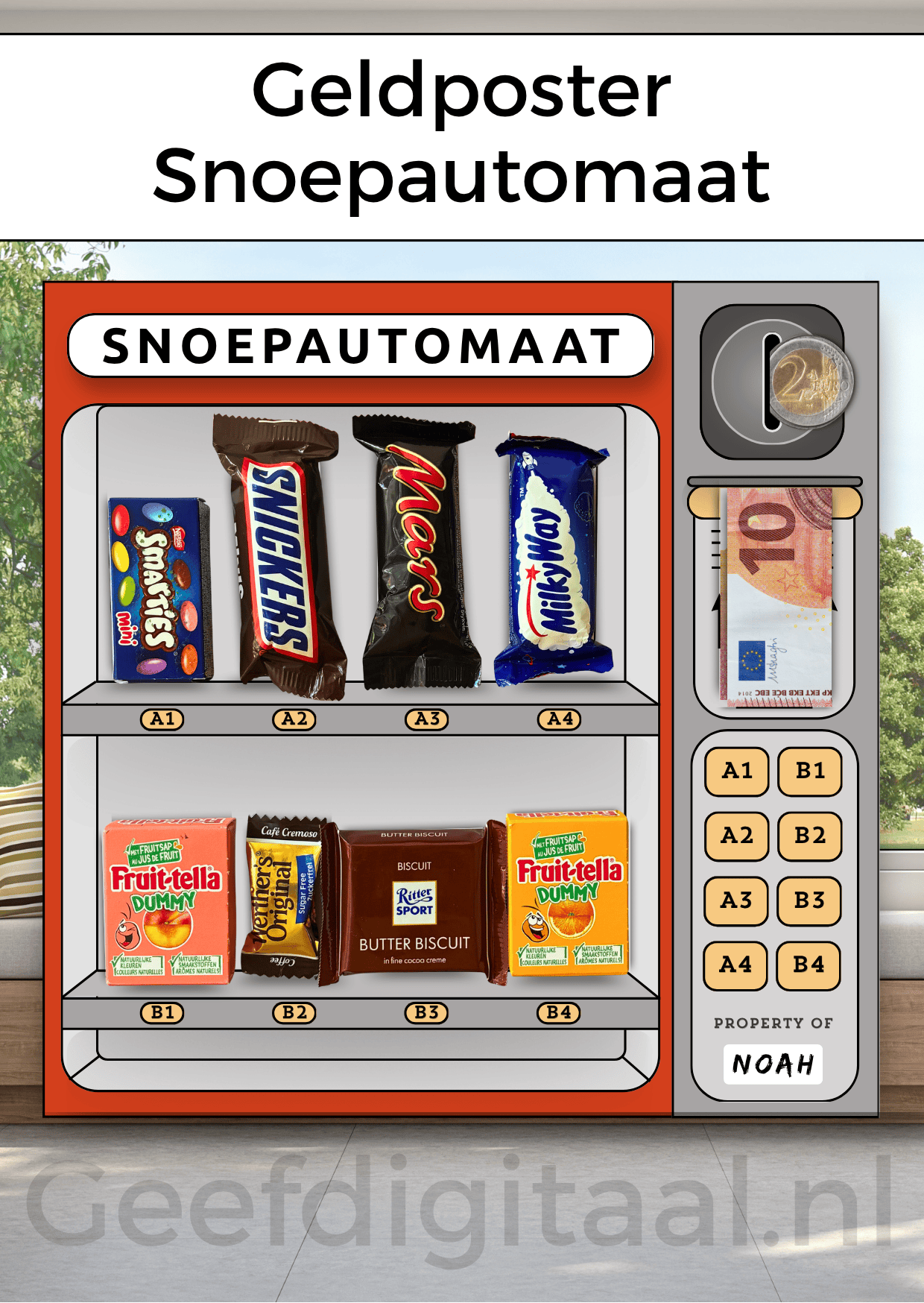 Geldposter Snoepautomaat is een Digitale download voor een A4 poster om op een grappige en originele manier geld te geven aan een kind of puber. Print het zelf uit op standaard A4 papier, knip uit en voeg briefgeld naar keuze toe. Super makkelijk!