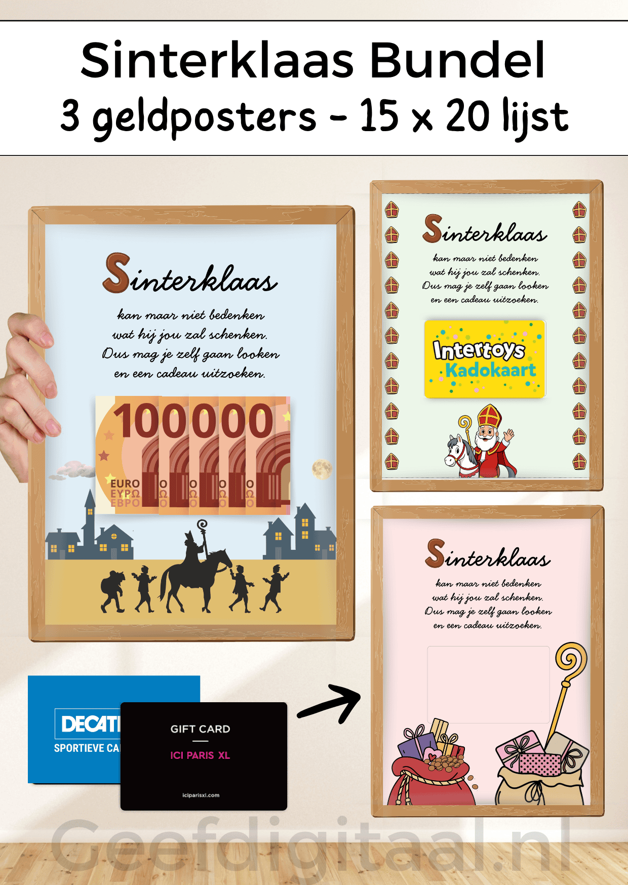 Digitale download voor in een 15x20 lijst om iemand op een grappige en originele manier geld of een cadeaubon te geven voor Sinterklaas. Print het zelf uit op standaard A4 papier, knip er een stukje uit, voeg briefgeld of bon naar keuze toe en doe het in een A4 lijst. Super makkelijk!