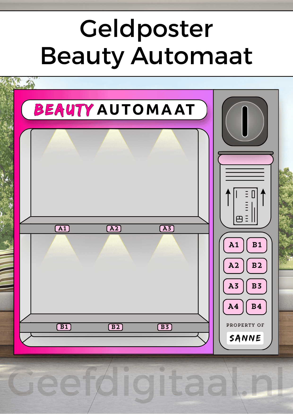 Geldposter Beauty Automaat is een Digitale download voor een A4 poster om op een grappige en originele manier beauty producten en / of geld te geven aan een kind of puber. Print het zelf uit op standaard A4 papier en knip uit. Super makkelijk!