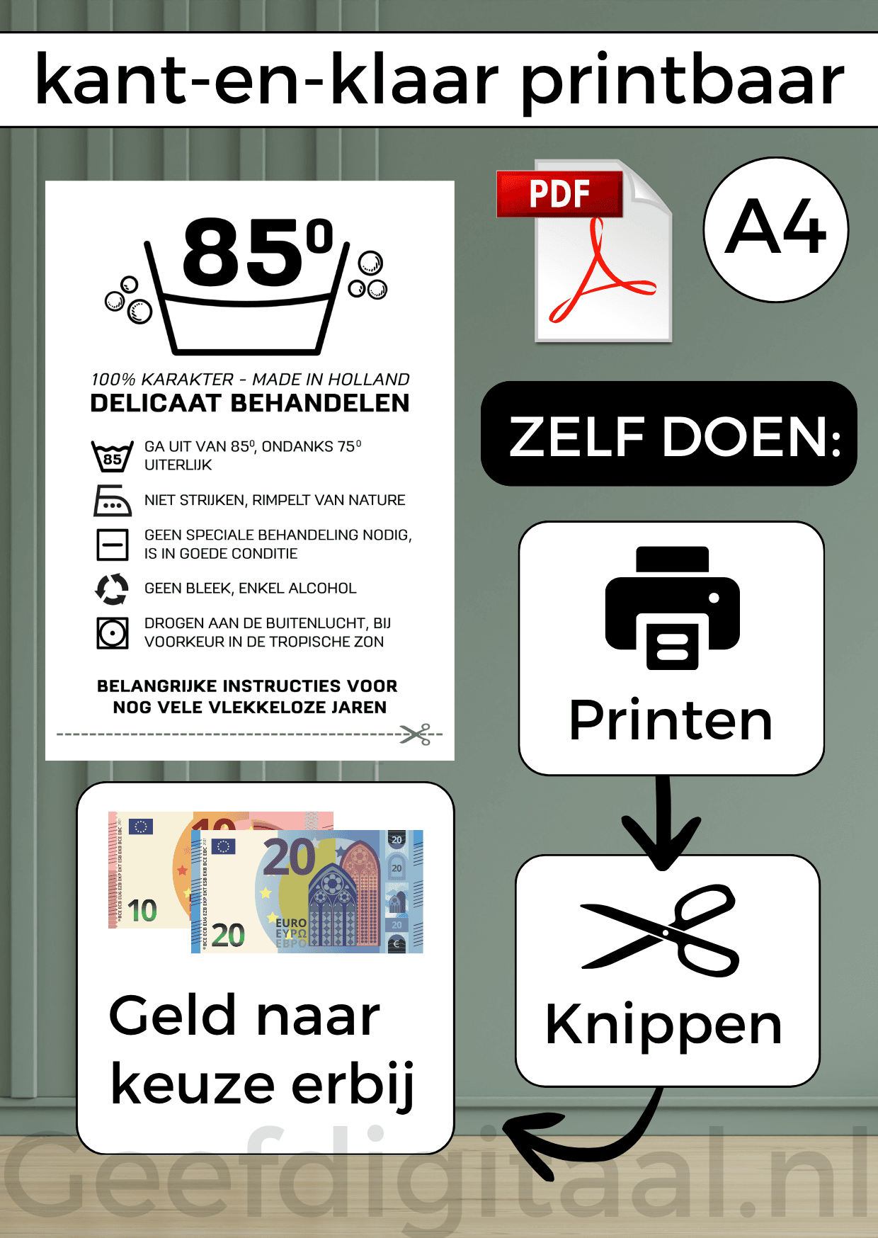 Digitale download voor een A4 poster om op een grappige en originele manier geld te geven aan iemand die 85 jaar wordt. Een printbaar bestand, wat je zelf kunt uitprinten. Het bestand is bewerkbaar in Canva om te personaliseren.