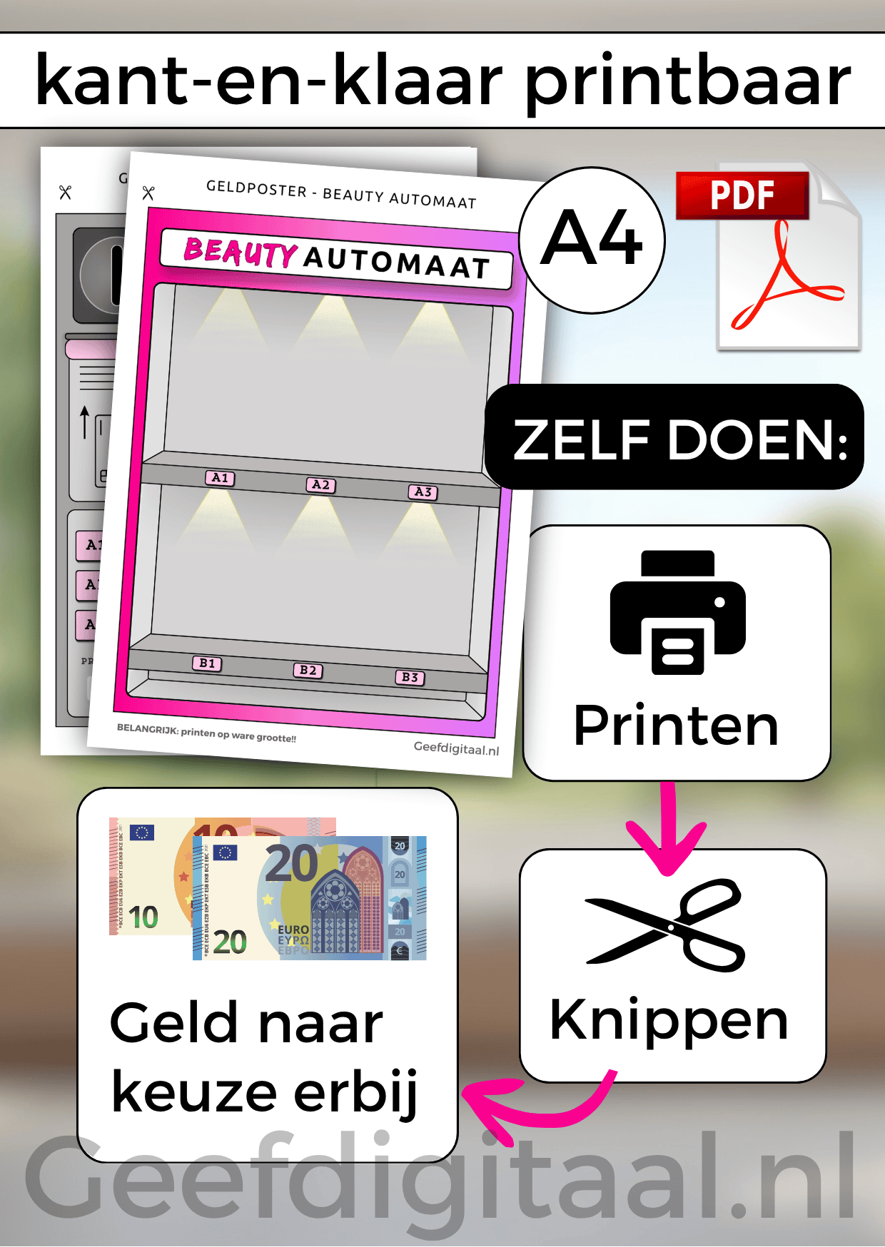 Geldposter Beauty Automaat is een Digitale download voor een A4 poster om op een grappige en originele manier beauty producten en / of geld te geven aan een kind of puber. Print het zelf uit op standaard A4 papier en knip uit. Super makkelijk!