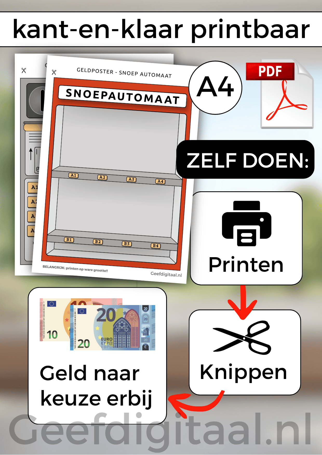 Geldposter Snoepautomaat is een Digitale download voor een A4 poster om op een grappige en originele manier geld te geven aan een kind of puber. Print het zelf uit op standaard A4 papier, knip uit en voeg briefgeld naar keuze toe. Super makkelijk!