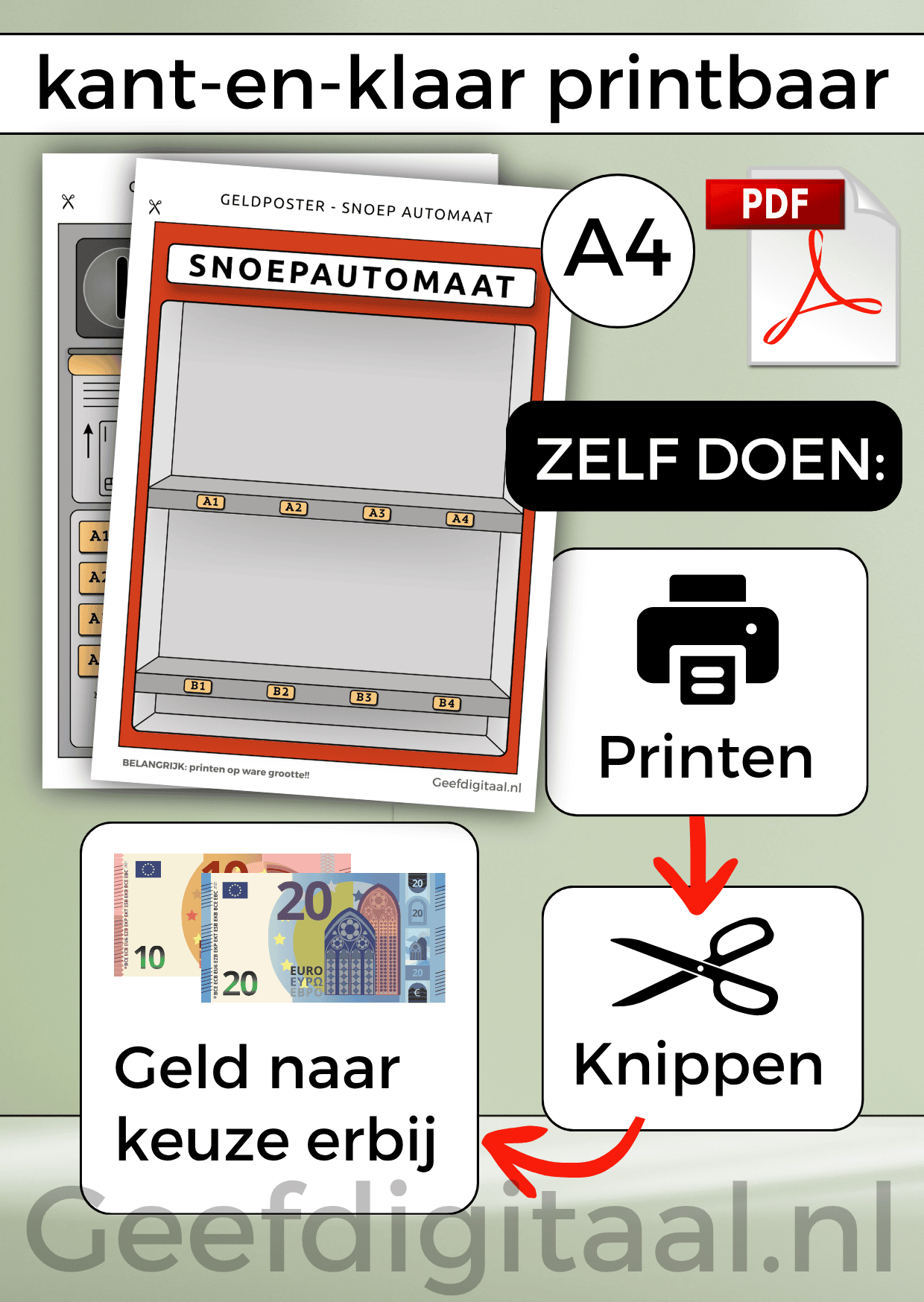 Geldposter Snoepautomaat is een Digitale download voor een A4 poster om op een grappige en originele manier geld te geven aan een kind of puber. Print het zelf uit op standaard A4 papier, knip uit en voeg briefgeld naar keuze toe. Super makkelijk!