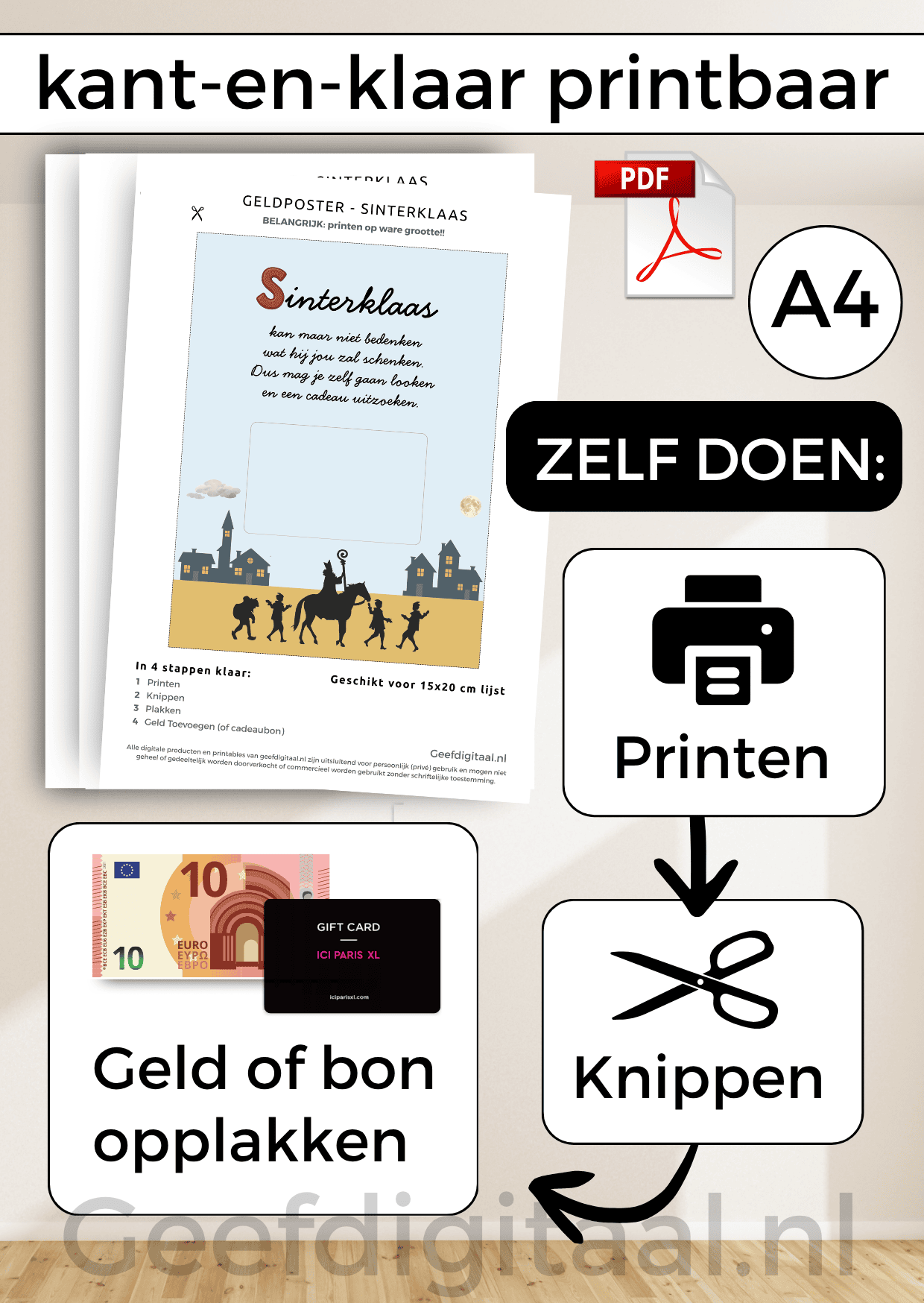 Digitale download voor in een 15x20 lijst om iemand op een grappige en originele manier geld of een cadeaubon te geven voor Sinterklaas. Print het zelf uit op standaard A4 papier, knip er een stukje uit, voeg briefgeld of bon naar keuze toe en doe het in een A4 lijst. Super makkelijk!