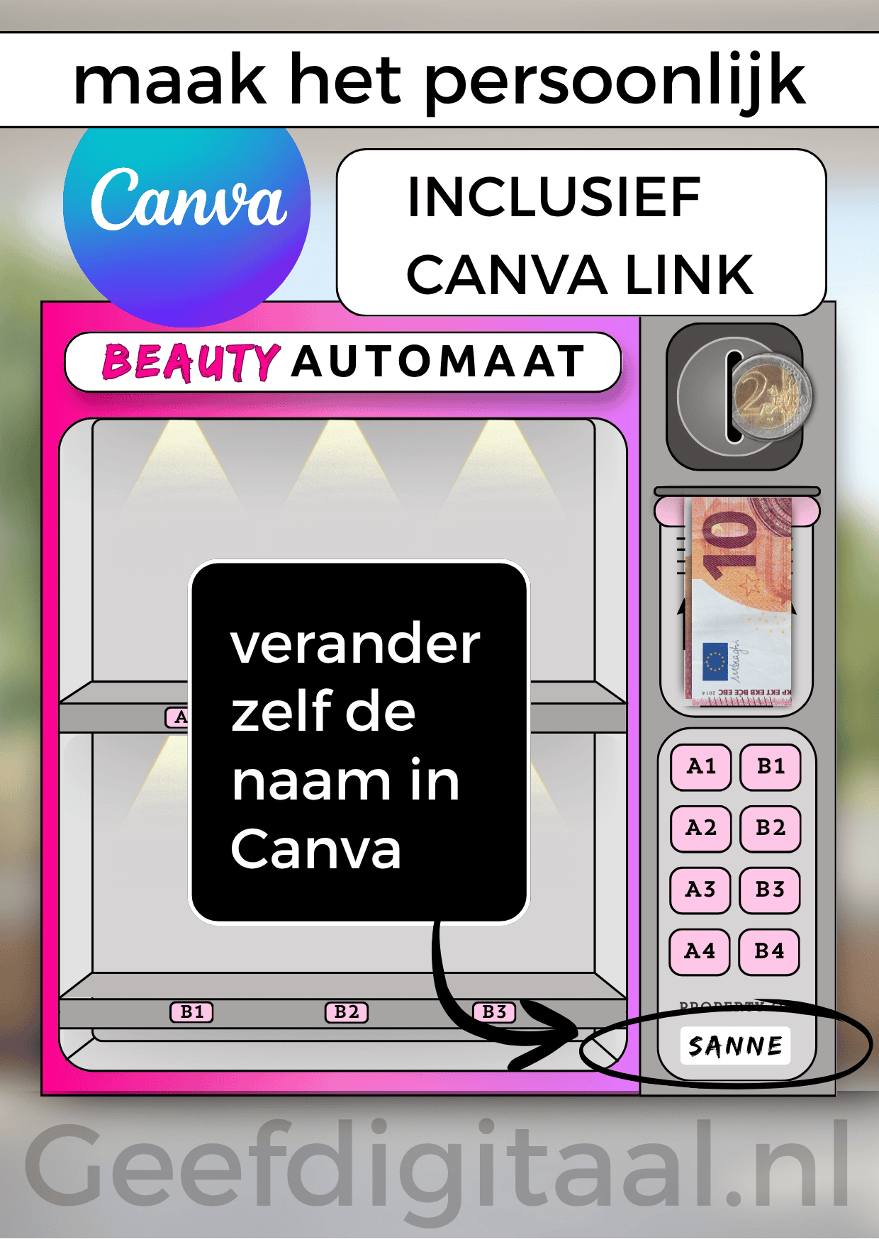 Geldposter Beauty Automaat is een Digitale download voor een A4 poster om op een grappige en originele manier beauty producten en / of geld te geven aan een kind of puber. Print het zelf uit op standaard A4 papier en knip uit. Super makkelijk!
