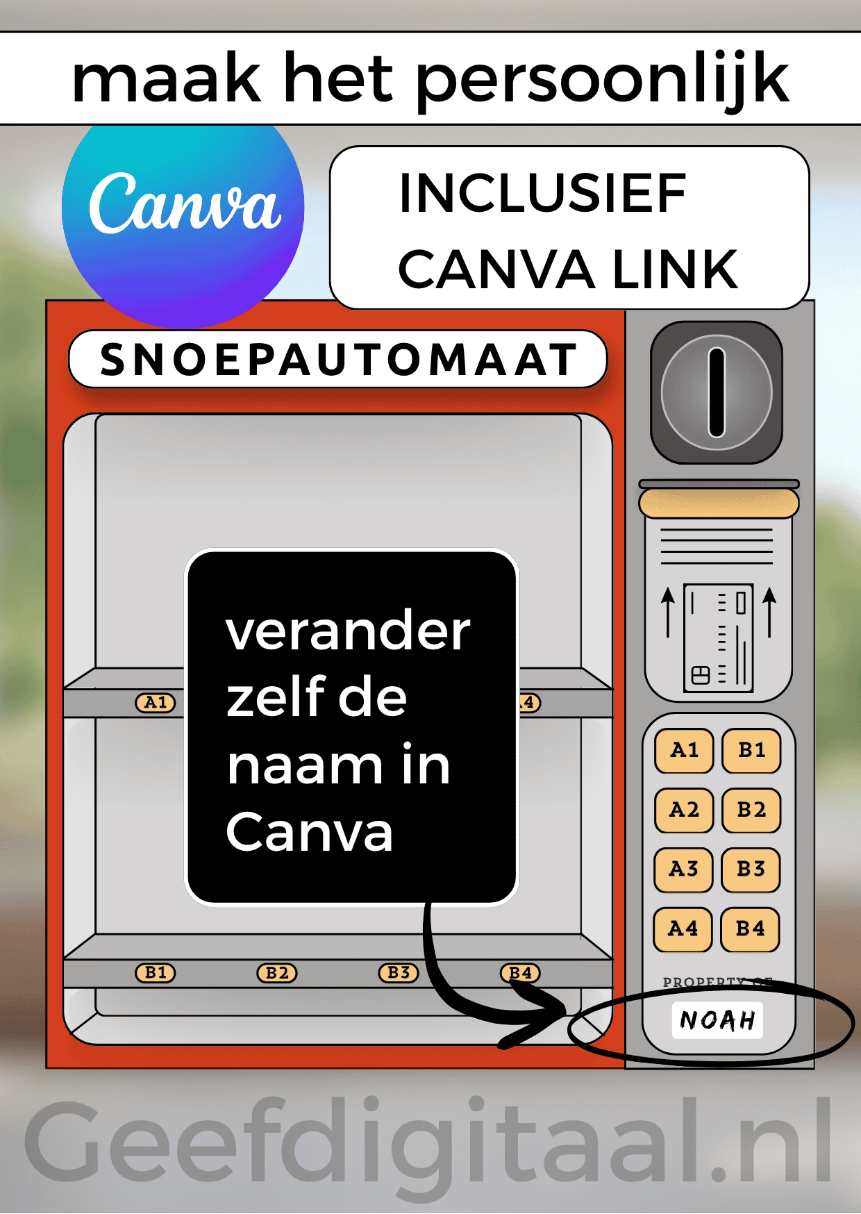 Geldposter Snoepautomaat is een Digitale download voor een A4 poster om op een grappige en originele manier geld te geven aan een kind of puber. Print het zelf uit op standaard A4 papier, knip uit en voeg briefgeld naar keuze toe. Super makkelijk!