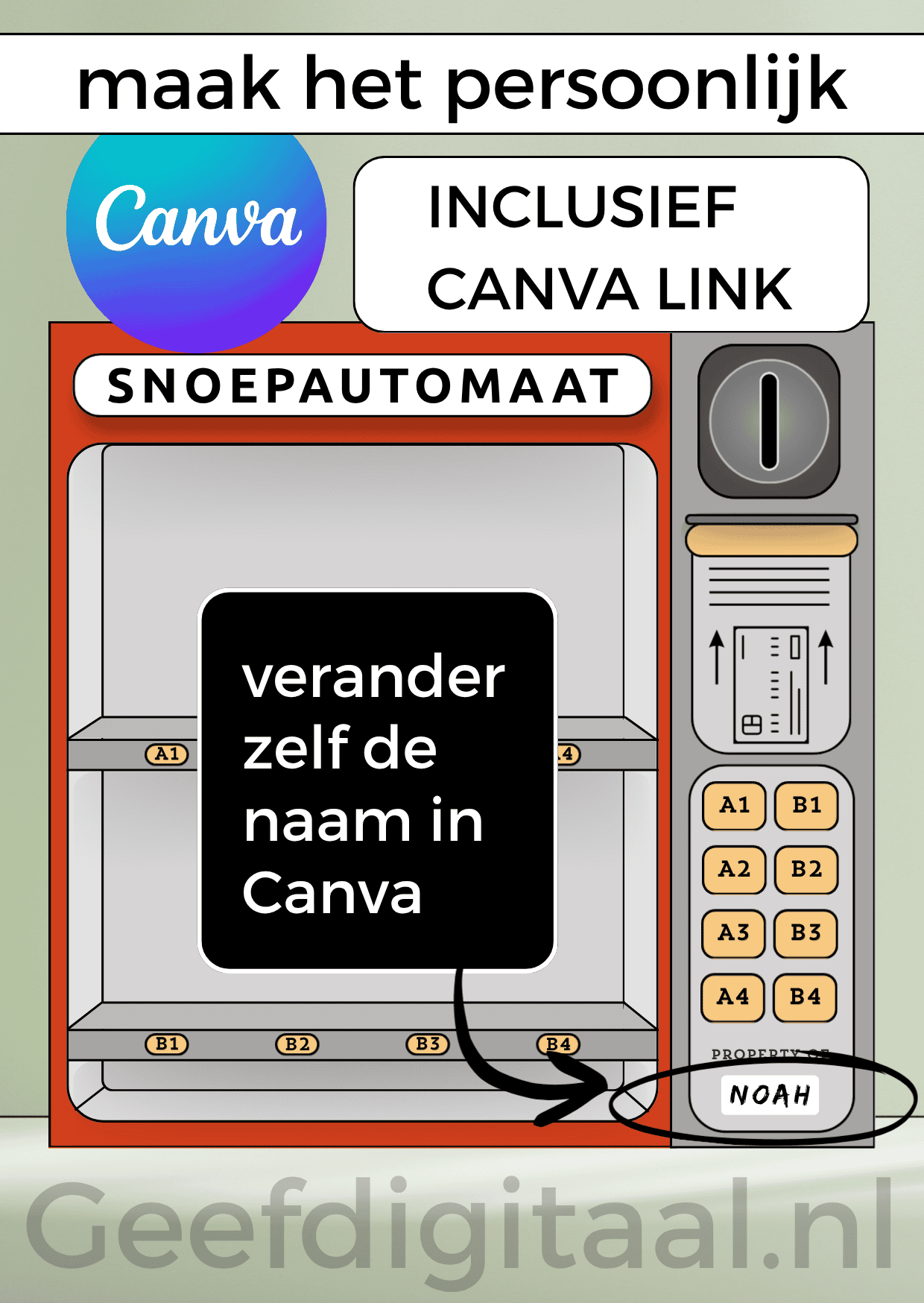 Geldposter Snoepautomaat is een Digitale download voor een A4 poster om op een grappige en originele manier geld te geven aan een kind of puber. Print het zelf uit op standaard A4 papier, knip uit en voeg briefgeld naar keuze toe. Super makkelijk!