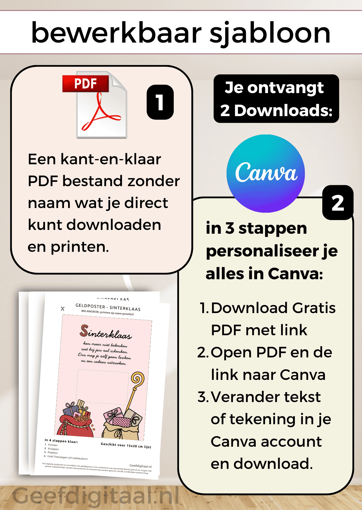 Digitale download voor in een 15x20 lijst om iemand op een grappige en originele manier geld of een cadeaubon te geven voor Sinterklaas. Print het zelf uit op standaard A4 papier, knip er een stukje uit, voeg briefgeld of bon naar keuze toe en doe het in een A4 lijst. Super makkelijk!
