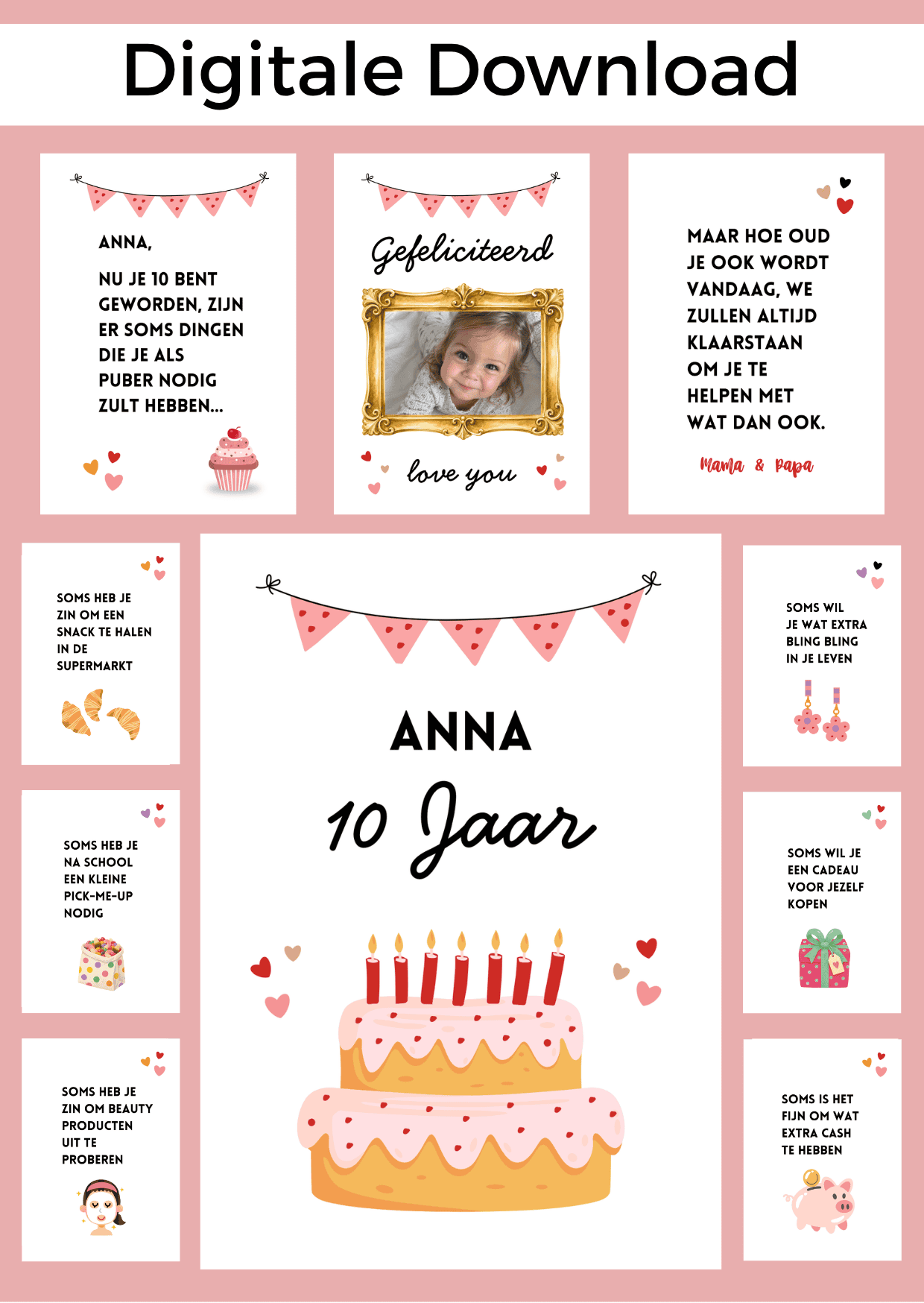 10 Jaar Meisje Jarig bonboekje. Een printbaar bestand, wat je zelf kunt uitprinten en in een insteek fotomapje doet samen met cadeaubonnen. Het bestand is bewerkbaar in Canva om te personaliseren.