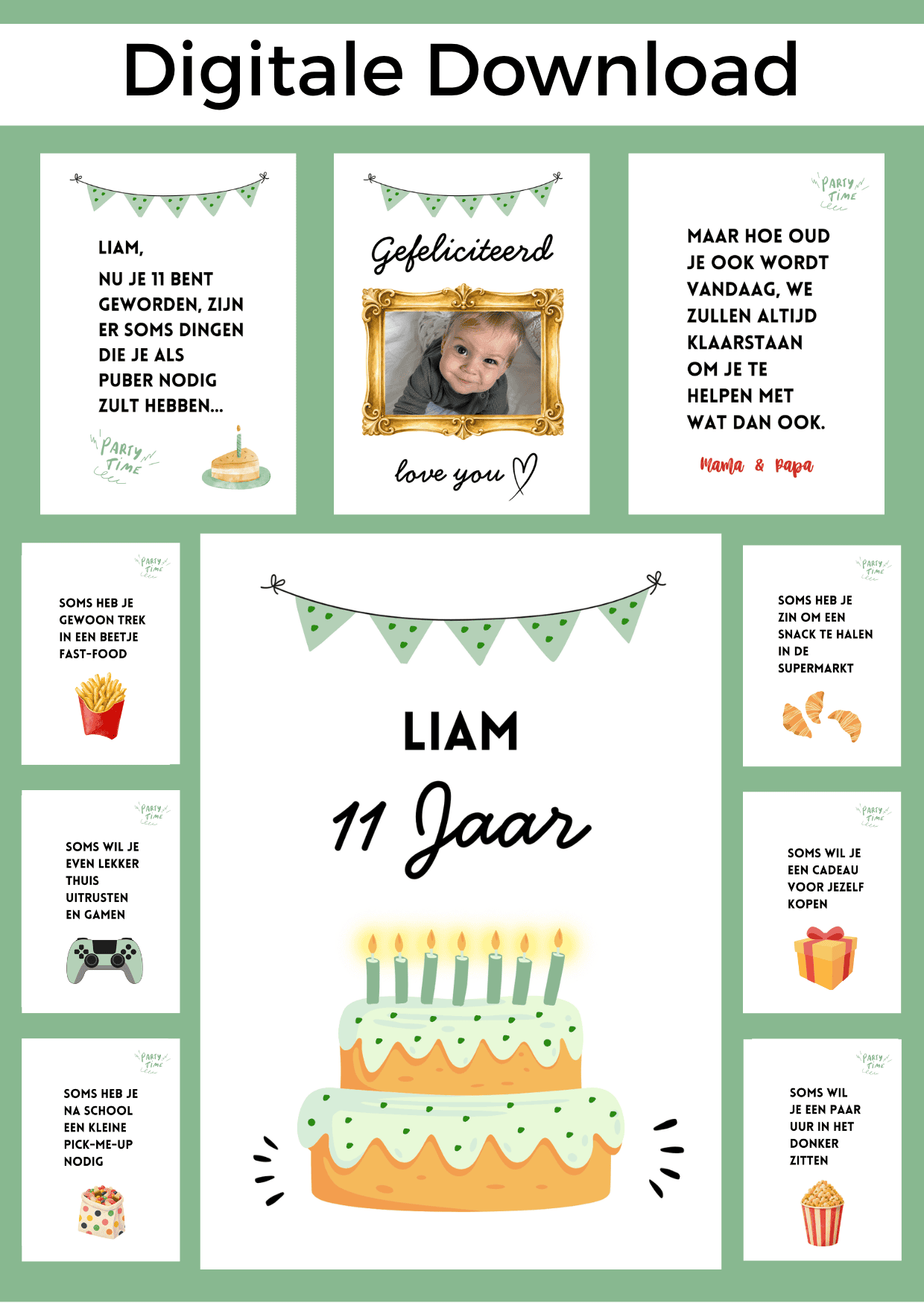 11 Jaar Jongen Jarig bonboekje. Een printbaar bestand, wat je zelf kunt uitprinten en in een insteek fotomapje doet samen met cadeaubonnen. Het bestand is bewerkbaar in Canva om te personaliseren.