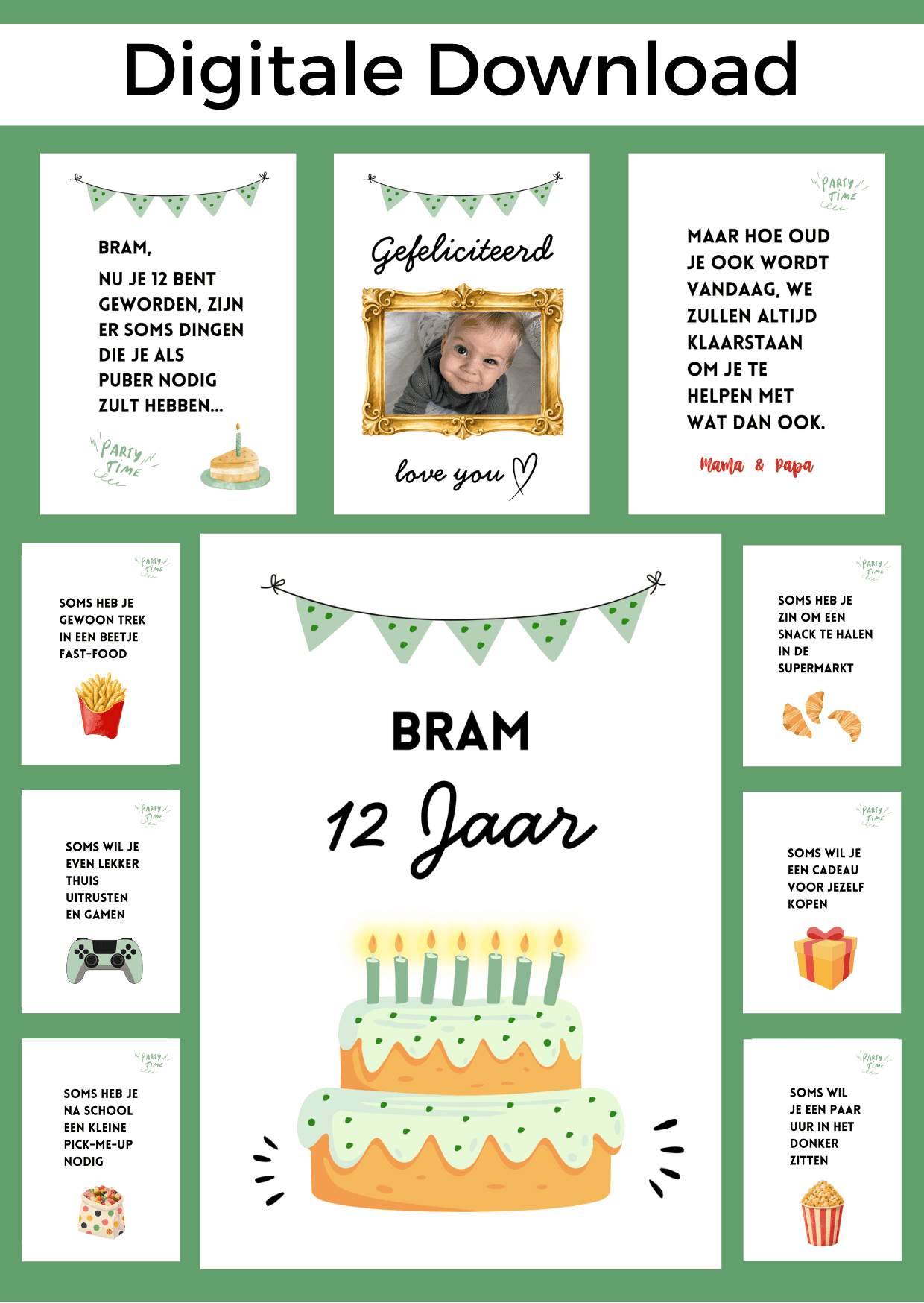 12 Jaar Jongen Jarig bonboekje. Een printbaar bestand, wat je zelf kunt uitprinten en in een insteek fotomapje doet samen met cadeaubonnen. Het bestand is bewerkbaar in Canva om te personaliseren.