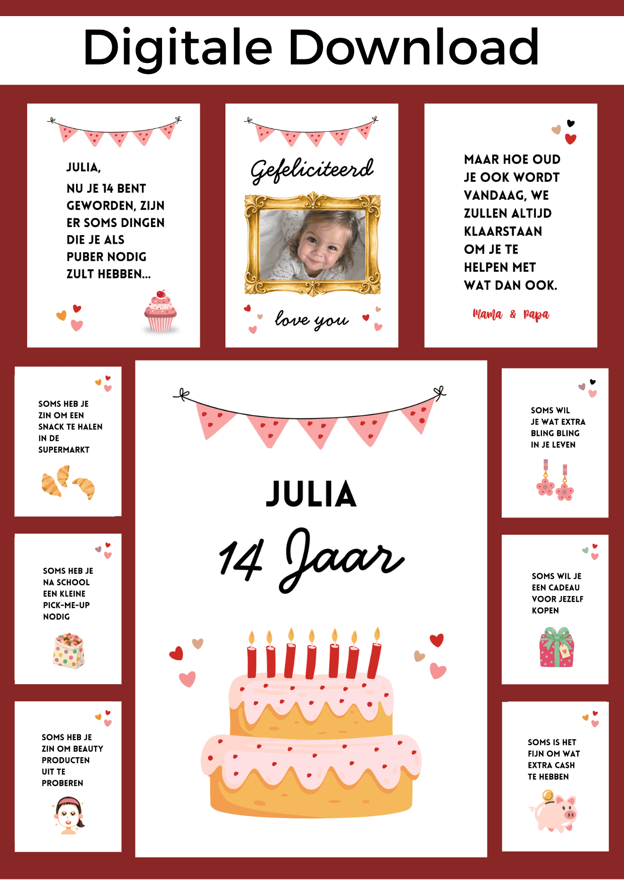 14 Jaar Meisje Jarig bonboekje. Een printbaar bestand, wat je zelf kunt uitprinten en in een insteek fotomapje doet samen met cadeaubonnen. Het bestand is bewerkbaar in Canva om te personaliseren.
