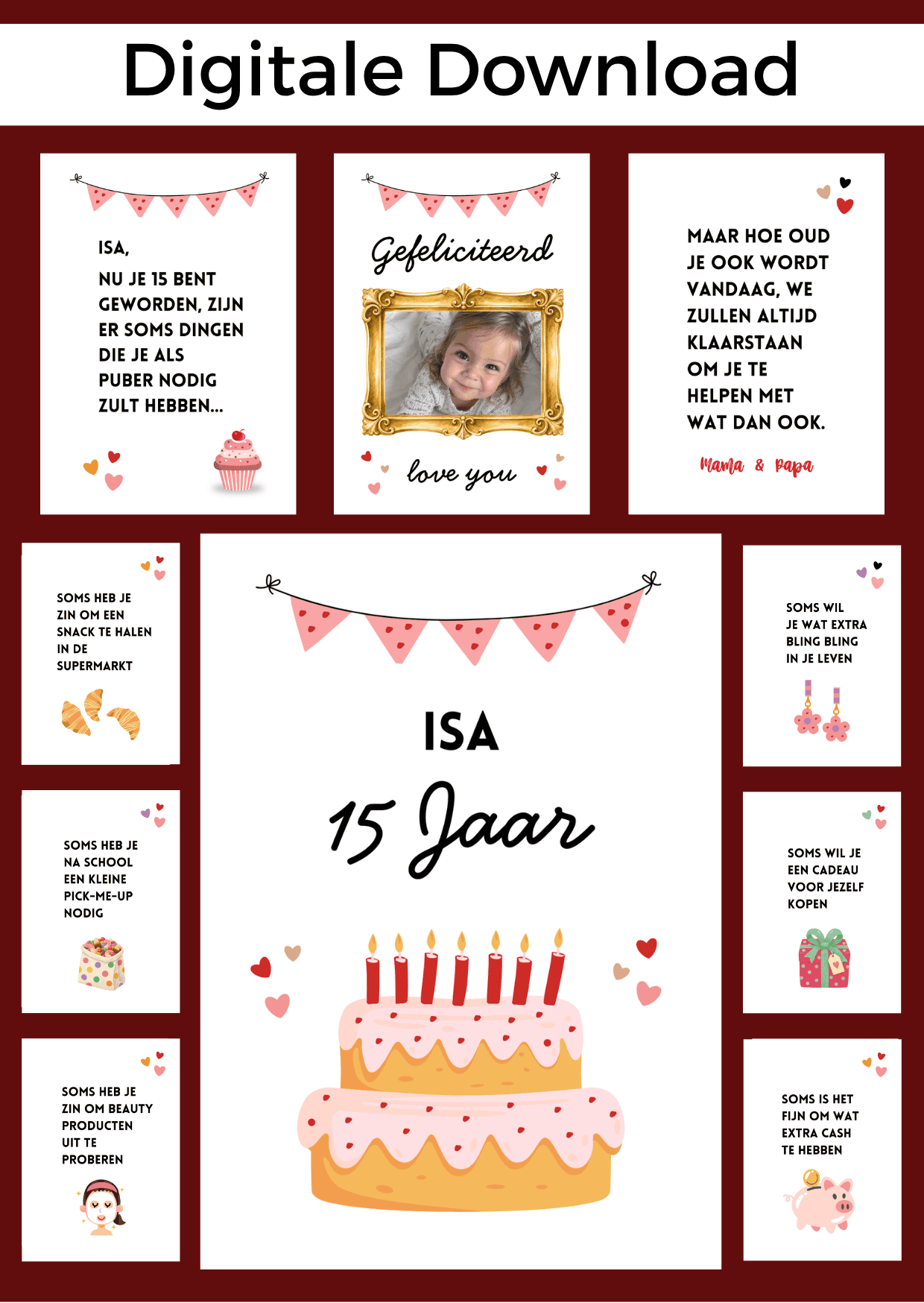 Puber Meisje Jarig bonboekje. Een printbaar bestand, wat je zelf kunt uitprinten en in een insteek fotomapje doet samen met cadeaubonnen. Het bestand is bewerkbaar in Canva om te personaliseren.