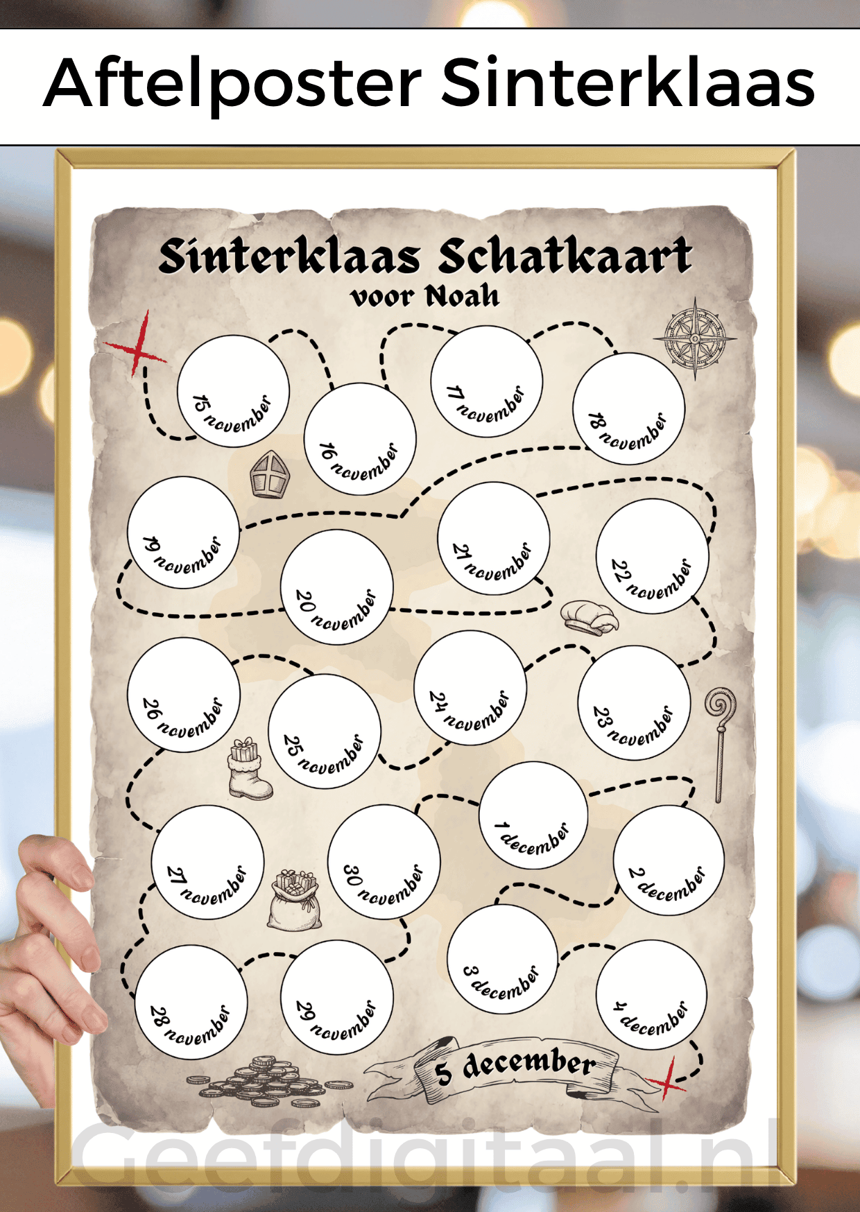 Aftelposter Sinterklaas is een Digitale download bestaande uit twee A4 pagina's om samen te voegen voor een 30 x 40 cm poster. Print uit, plak chocolade munten op en klaar. Super makkelijk!