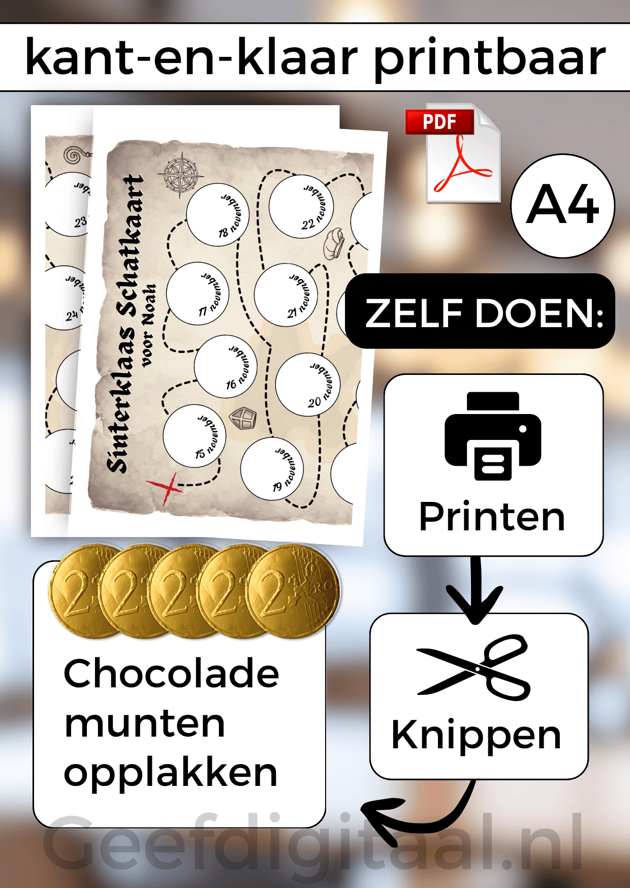 Aftelposter Sinterklaas is een Digitale download bestaande uit twee A4 pagina's om samen te voegen voor een 30 x 40 cm poster. Print uit, plak chocolade munten op en klaar. Super makkelijk!