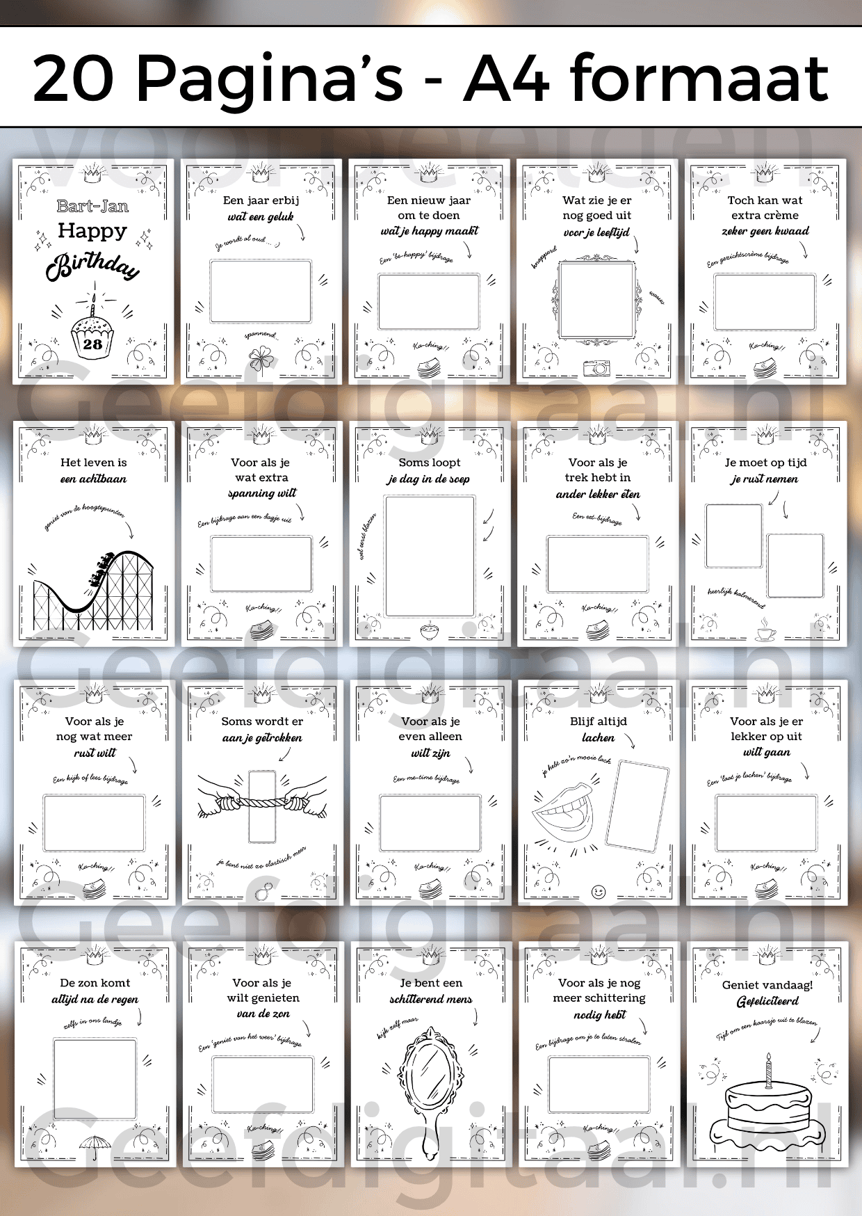 Geldboek Verjaardag is een origineel en onvergetelijk cadeau! Met leuke teksten, mini cadeautjes met zinspelingen én geld! Het is een digitale download voor A4 formaat, je ontvangt een Pdf bestand en een Canva link. Deze laatste kun je in Canva personaliseren.