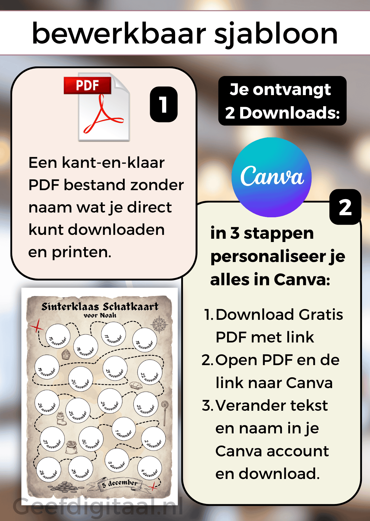 Aftelposter Sinterklaas is een Digitale download bestaande uit twee A4 pagina's om samen te voegen voor een 30 x 40 cm poster. Print uit, plak chocolade munten op en klaar. Super makkelijk!