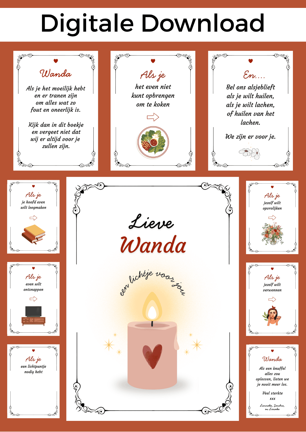 Bonboekje om een goede vriendin troost te bieden in een moeilijke of zware tijd. Een printbaar bestand, wat je zelf kunt uitprinten en in een insteek fotomapje doet samen met cadeaubonnen. Het bestand is bewerkbaar in Canva om te personaliseren.